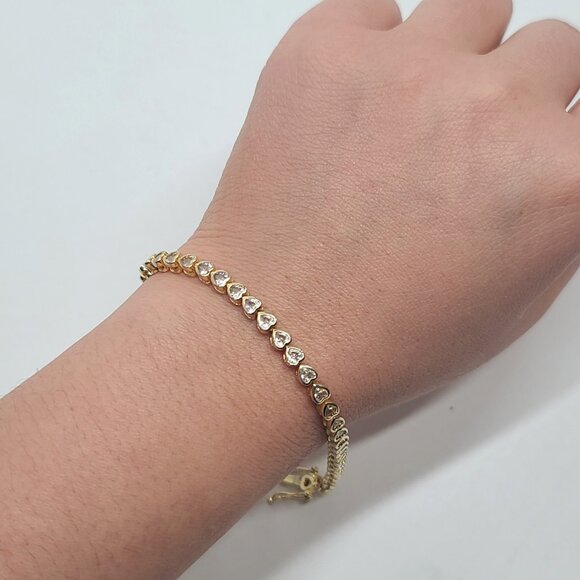 Gold plated heart tennis bracelet w clear crystals, 7in, Christmas holiday gift - Picture 2 of 9
